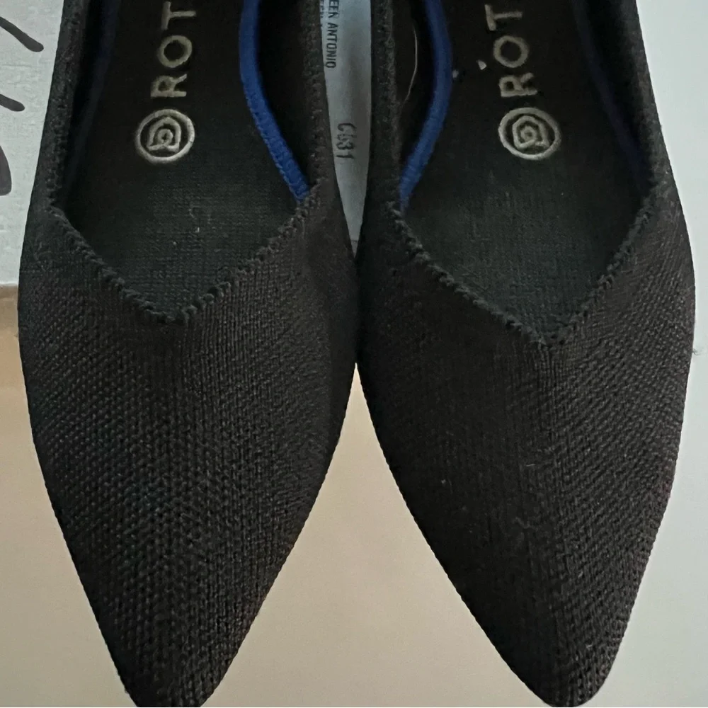 Rothy's Black Pointed Toe Flats with Blue Trim - Picture 4 of 7